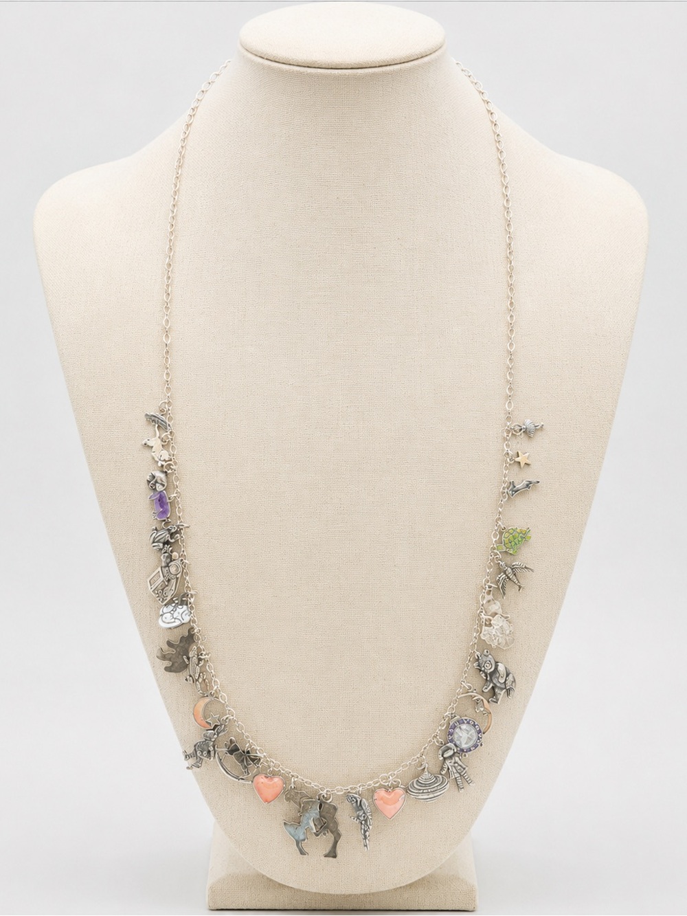 Silver Tone Multi-Charm Necklace with Pink and Purple Accents